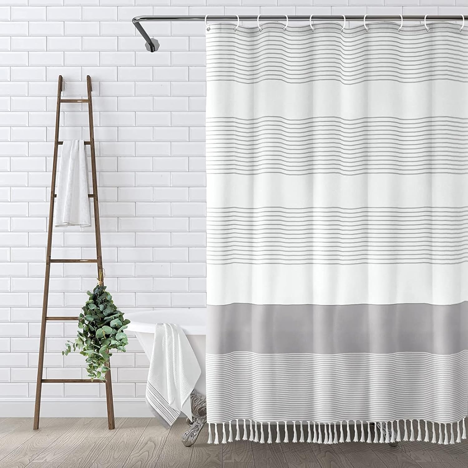 Awellife Boho Grey Shower Curtain For Bathroom Stripe Tassel Shower Curtain 84 X 72 Inches Farmhouse Linen